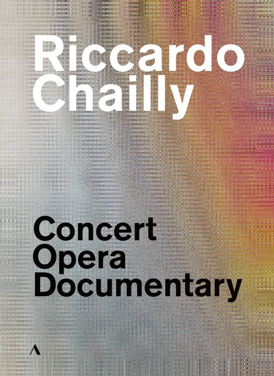 Boekhoes met de tekst 'Riccardo Chailly', 'Concert', 'Opera', 'Documentary' op een achtergrond van grijs en kleurrijke, abstracte patronen.