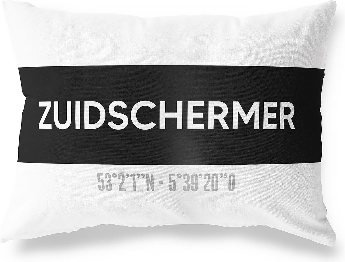 Tuinkussen ZUIDSCHERMER - NOORD-HOLLAND met coördinaten - Buitenkussen - Bootkussen - Weerbestendig - Jouw Plaats - Studio216 - Modern - Zwart-Wit - 50x30cm