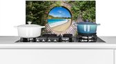 Spatscherm keuken 70x30 cm - Kookplaat achterwand Strand - Zee - Doorkijk - Muurbeschermer - Spatwand fornuis - Hoogwaardig aluminium