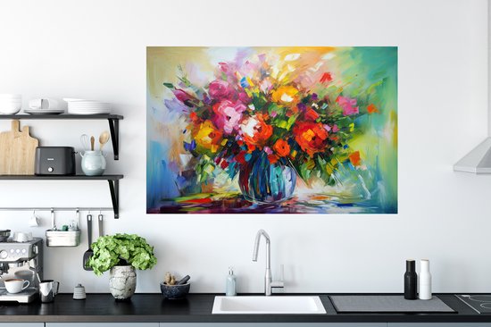 Muurstickers - Sticker Folie - Bloemen - Kleurrijk - Bloempot - Olieverf - 120x80 cm - Plakfolie - Muurstickers Kinderkamer - Zelfklevend Behang - Zelfklevend behangpapier - Stickerfolie