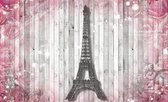 Eiffel Tower Flowers Pink Wooden Wall Photo Wallcovering