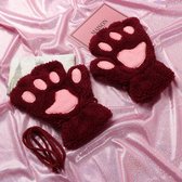 KIMU Dierenpoot Vingerloze Handschoenen Donkerrood Pluche - Vingerloos Pootjes - Kattenpootjes Hondenpootjes Berenpootjes Dierenpootjes Festival