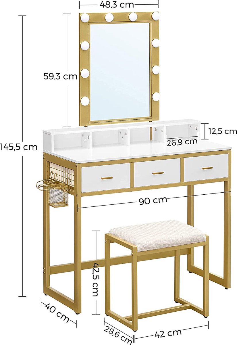 Rootz Coiffeuse - Table de maquillage - Tabouret - 10 Lampes LED