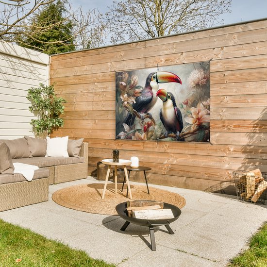 Affiche jardin - Toile jardin - Posters de jardin extérieur - Toucan - Vogels - Fleurs - Jungle - 120x80 cm - Jardin