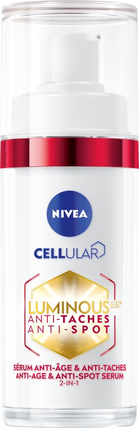Nivea Cellular Luminous630 Anti-Age & Anti-Spot serum in pompflacon met rode en witte details.