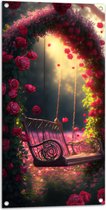 Tuinposter – Sierlijke Schommel aan Roze Bloemenboog - 50x100 cm Foto op Tuinposter (wanddecoratie voor buiten en binnen)