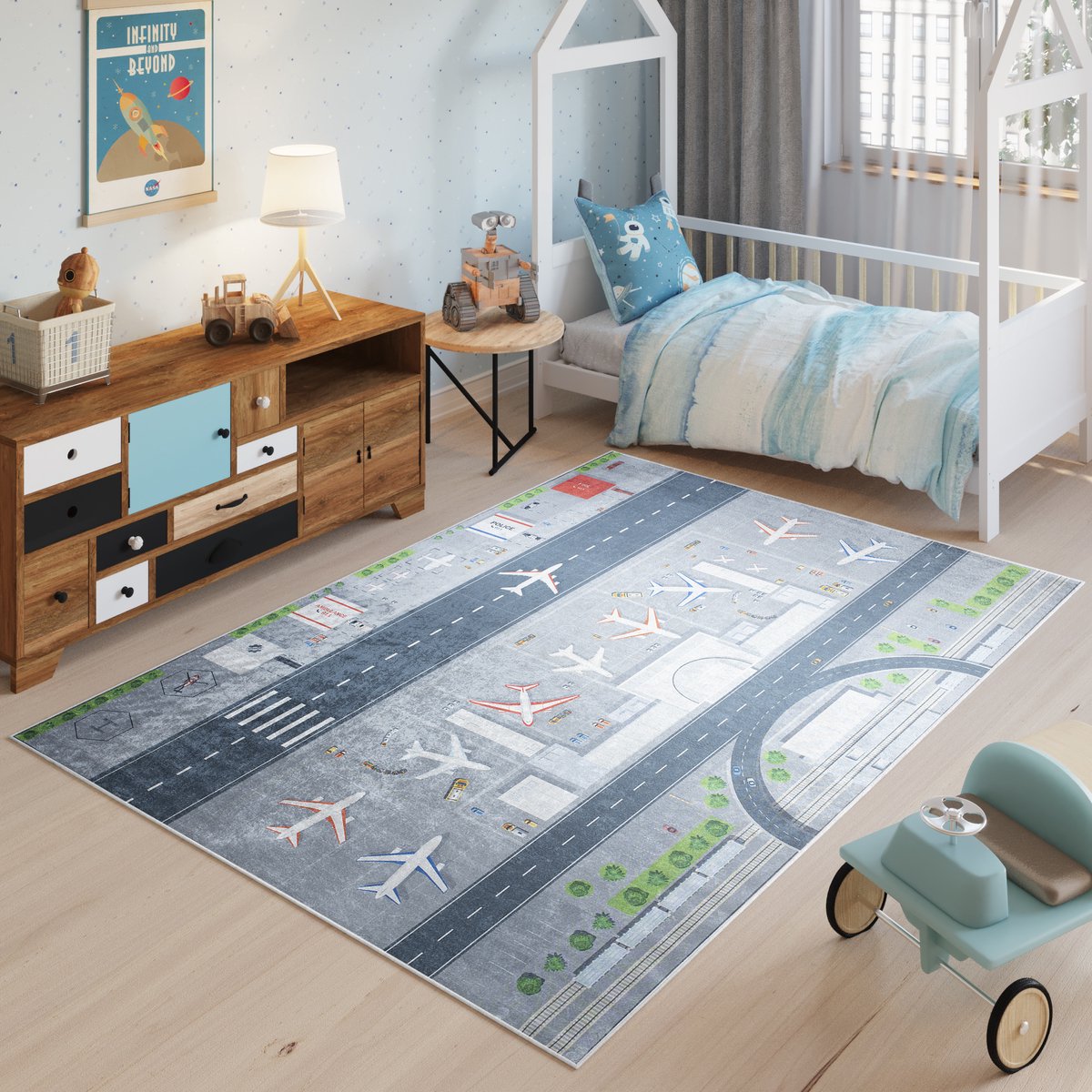 Tapiso Emma Vloerkleed Kinderkamer Kindertapijt Straat Vliegtuig Tapijt Maat- 160x230 Grijs 8