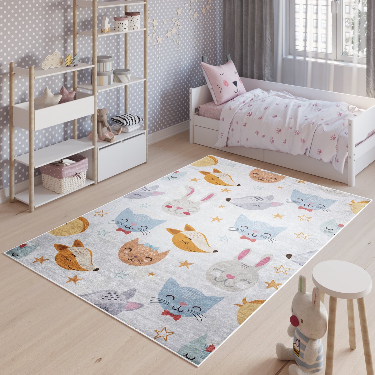 Tapiso Emma Vloerkleed Kinderkamer Kindertapijt Dieren Tapijt Maat- 160x230 Grijs Oranje
