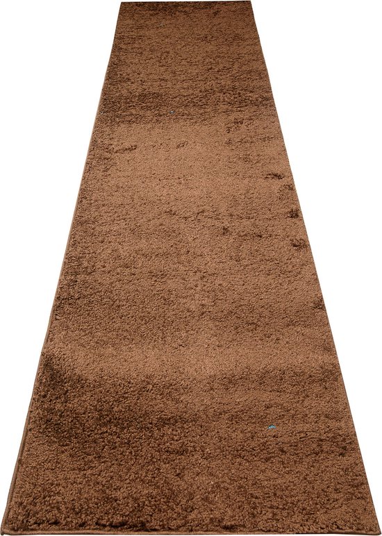 Tapiso Delhi Tapis de Couloir Marron à Poils Hauts Moelleux sur Mesure - 80x250