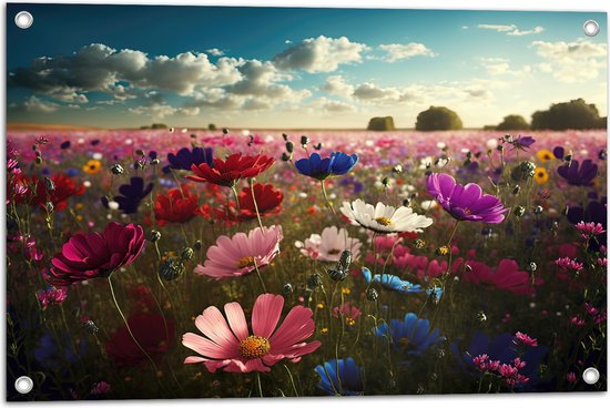 Tuinposter – Schapenwolken boven Veld Vol met Bloemen in Verschillende Kleuren - 75x50 cm Foto op Tuinposter (wanddecoratie voor buiten en binnen)