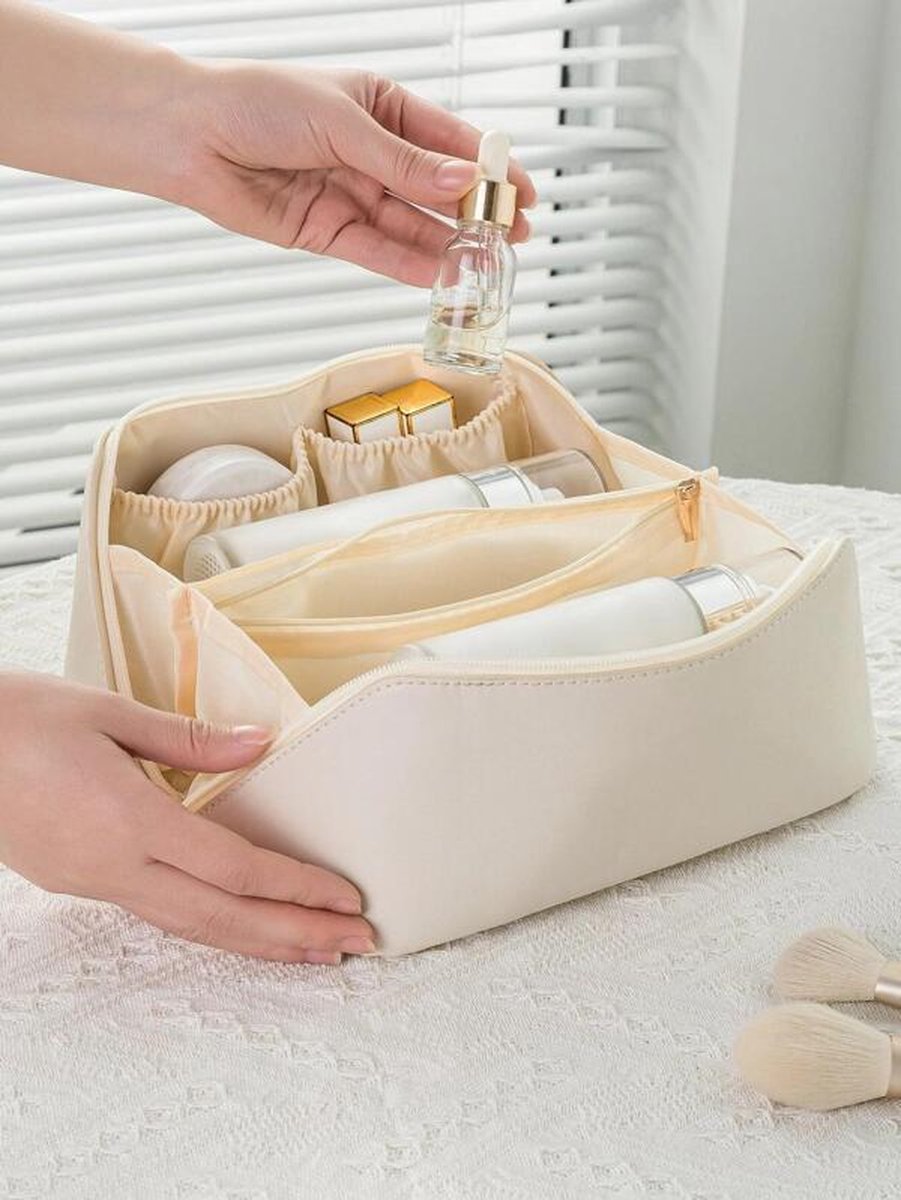 Luxe Make-up Tas Beige + Beauty Blender Spons - Toilettas - Reistas - Tas Voor Toilet Artikelen - Beauty case - Cosmetica tas - Handige Make-up Tas - Make-up Organizer - Skincare Organizer - Reis Toilettas - Multifunctionele Make-up Tasje - Case Tool van Merkloos / Sans marque — cadeau in Mode & Accessoires - foto 3