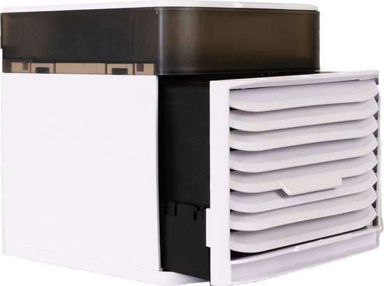 Achterste aanzicht van een witte mini-aircooler met donkergrijs reservoir en uitgeschoven ventilatierooster.