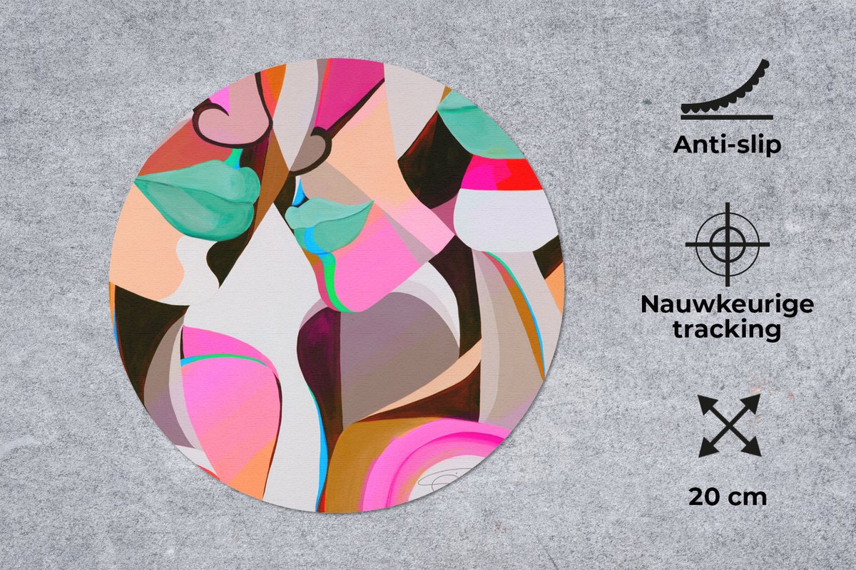 Muismat rond 20x20 cm - Mousepad Gezichten - Lippen - Kleurrijk - Abstract - Ronde muismatten