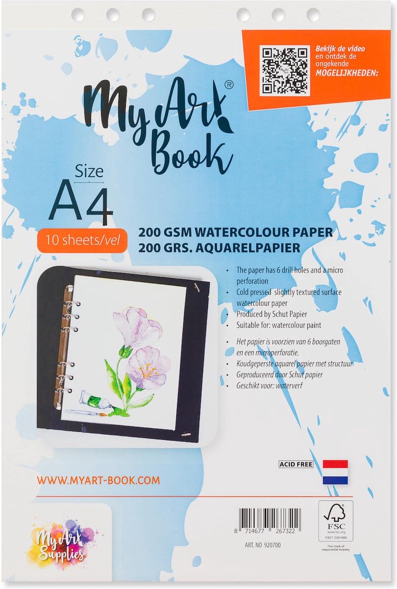 Aquarelpapier - Off White - A4 - 200 grams - Perforatiegaten - Afscheurrand - MyArtBook - 10 vellen