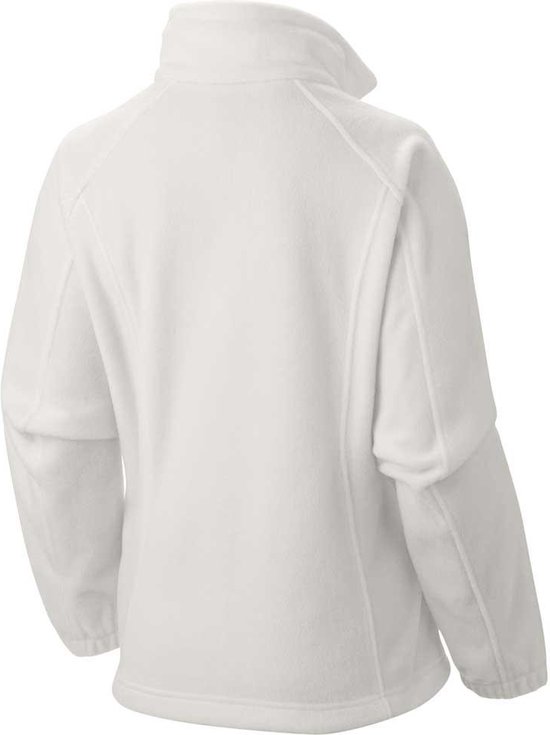 Een witte fleece trui, van achteren gezien, met lange mouwen en een hoge kraag.