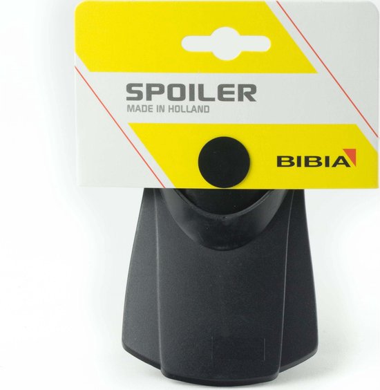 Zwarte Bibia sportspoiler voorspatlap, 'Spoiler, Made in Holland', op verpakking met gele achtergrond.