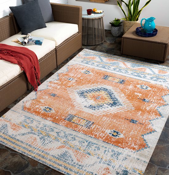 SURYA Tapis d'extérieur - Balcon, Terrasse, Cuisine - Tapis Berbère Vintage NAWEL - Rouille/ Blauw - 200x275 cm