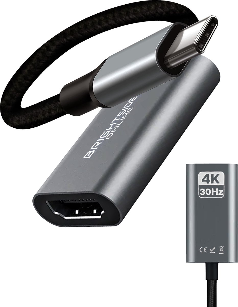 Brightside Online USB-C naar HDMI Adapter - Type C naar HDMI Converter - 4K30hz - Nylon gevlochten - Zwart