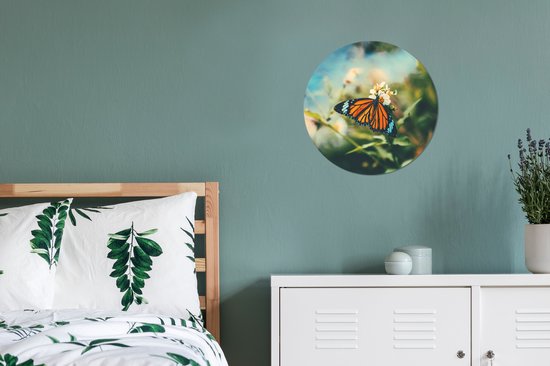 WallCircle - Muurstickers - Behangcirkel - Vlinder - Bloemen - Tuin - ⌀ 30 cm - Muurcirkel - Zelfklevend - Ronde Behangsticker