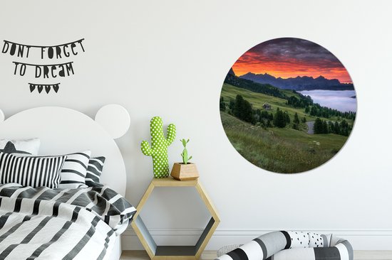 WallCircle - Stickers muraux - Cercle Papier Peint - Herbe - Montagnes - Soir - 100x100 cm - Cercle Mural - Auto Adhésif - Sticker Papier Peint Rond XXL