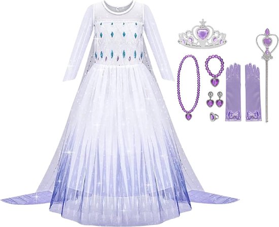 Prinsessenjurk meisje - Verkleedkleding meisje - Het Betere Merk - 146/152 (150) - Kroon - Tiara - Paars - Lange Handschoenen - Juwelen - Toverstaf - Prinsessen speelgoed - cadeau meisje - verjaardag meisje