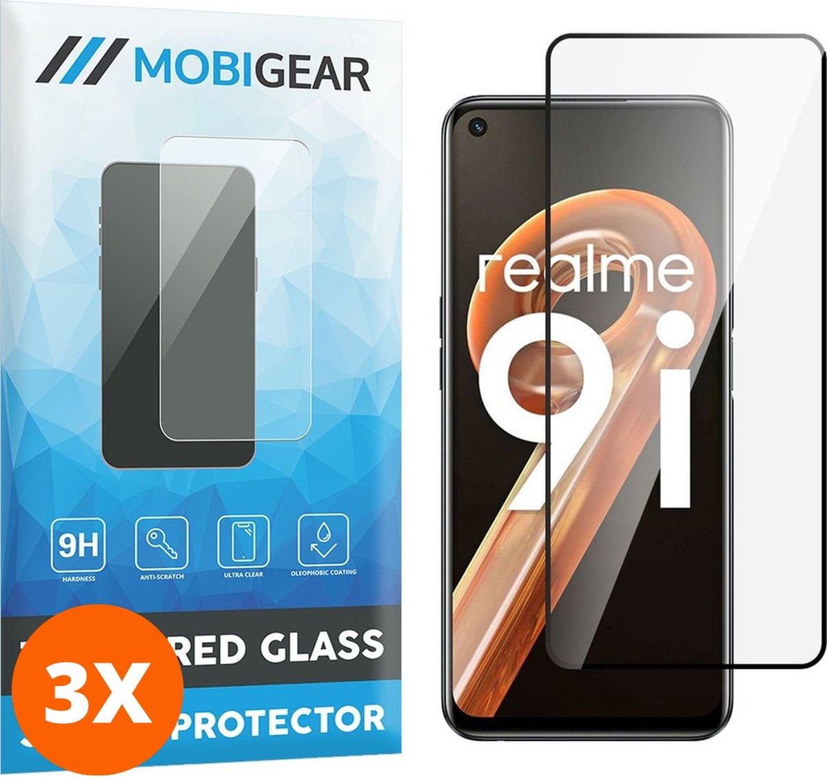Mobigear Screenprotector geschikt voor Realme 9i Glazen | Mobigear Premium Screenprotector - Case Friendly - Zwart (3-Pack)