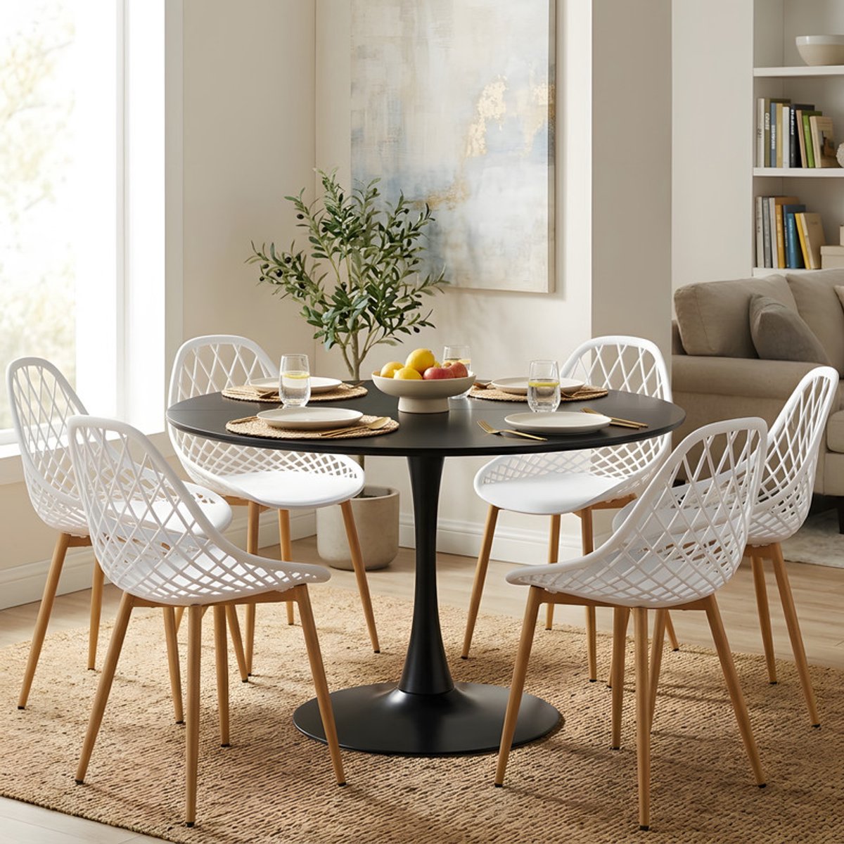 EGGREE eethoek - eettafel met 6 witte stoelen - tafel Ø 100 cm - voor bar - café en eetkamer - zwarte tafel Zwart-M6WH