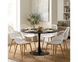 EGGREE eethoek - eettafel met 6 witte stoelen - tafel Ø 100 cm - voor bar - café en eetkamer - zwarte tafel