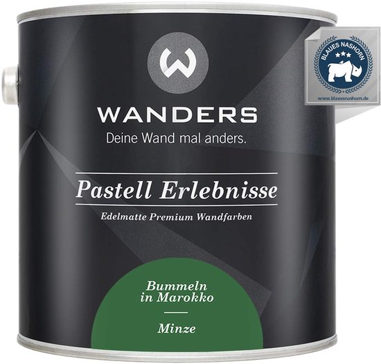 Blik Wanders verf met 'Pastell Erlebnisse' en 'Bummeln in Marokko Minze'. Logo 'Blaues Nashorn' rechtsboven.
