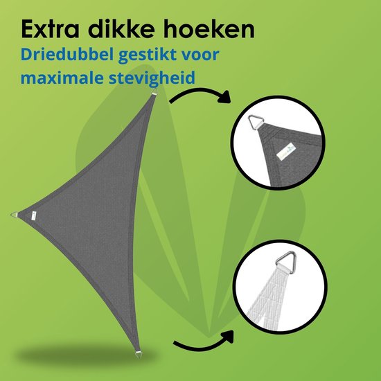 Grijs driehoekig schaduwdoek met extra dikke, driedubbel gestikte hoeken voor stevigheid.