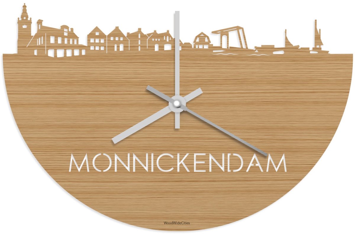 Skyline Klok Monnickendam Bamboe hout - Ø 40 cm - Stil uurwerk - Wanddecoratie - Meer steden beschikbaar - Woonkamer idee - Woondecoratie - City Art - Steden kunst - Cadeau voor hem - Cadeau voor haar - Jubileum - Trouwerij - Housewarming -