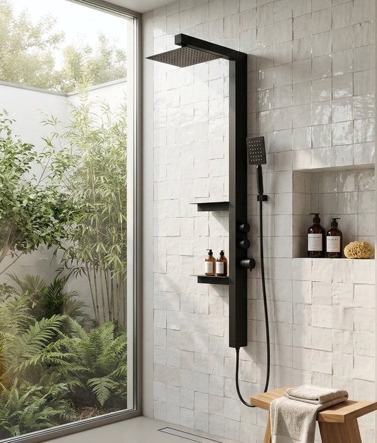 Zwart douchepaneel met hoofddouche, handdouche en twee plankjes, in een luxe badkamer met grote raampartij.