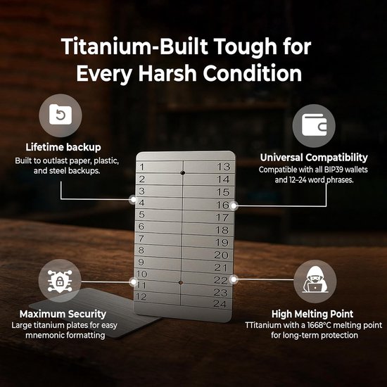 Titanium Metal Plate Crypto Seed Phrase Storage - Lazer Gegraveerd Cold Wallet voor Offline Back-up van Bitcoin, Ethereum en andere Cryptocurrencies — afbeelding 3