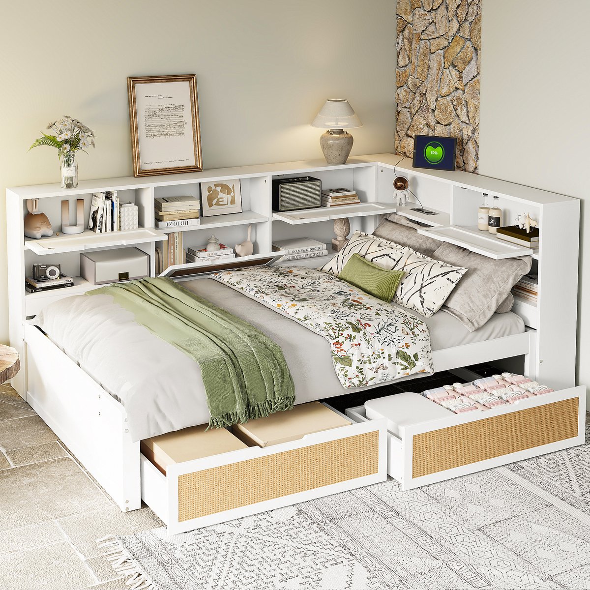 Wishdor Slaapbank 140x200 cm – Opbergruimte, laadpunten & 2 lades – Hout – Wit – Een ruimtewonder voor jouw logeerkamer of studio