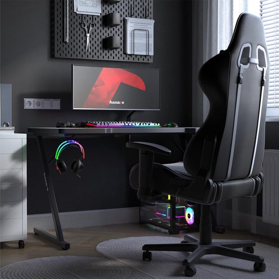Gamingtafel 120x60 cm - Ergonomisch Bureau met Carbon Tafelblad, Hoofdtelefoonhouder en Bekerhouder - Wit — afbeelding 2