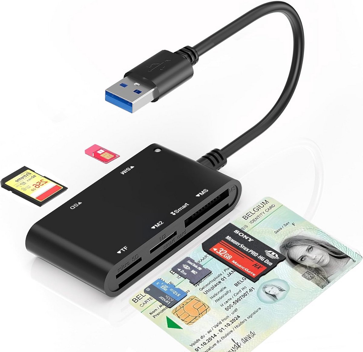 Veelzijdige 7-in-1 Smart Cardlezer met Geheugenkaartslots voor ID, SIM en Chipkaarten