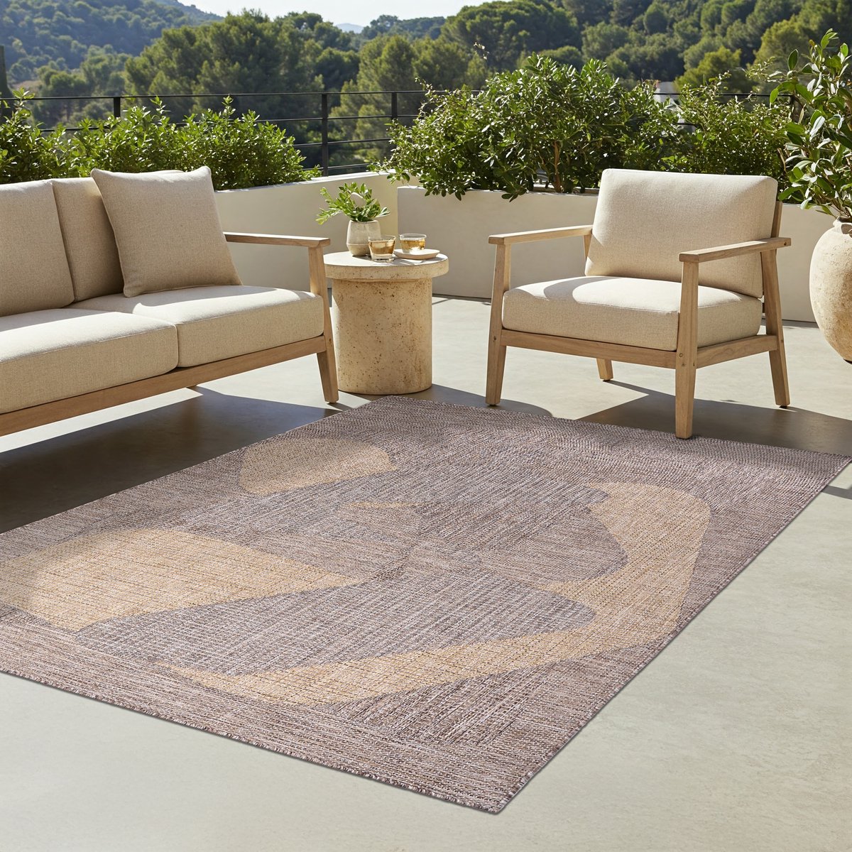 TAPISO Yucana Buitentapijt - Flatweave Vloerkleed Buiten & Binnen - Modern Abstract Patroon - Bruin Crème Buitenkleed - Weerbestendig & UV-bestendig 200x300