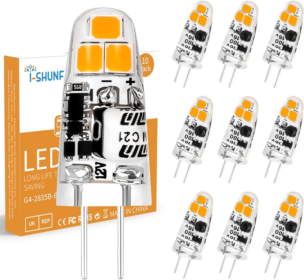 Set van 10 G4 LED Lampjes 1.2W Warm Wit 3000K - Vervanging voor 15W Halogeen - AC/DC 12V