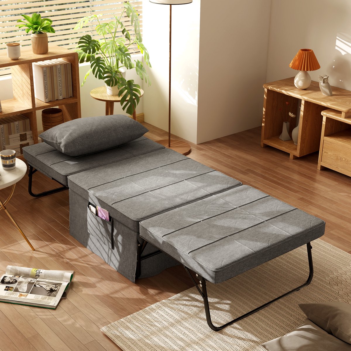 MODFU 4-in-1 slaapstoel – staal grijs – opklapbaar bed 188x75 cm – met 5 standen en opberg