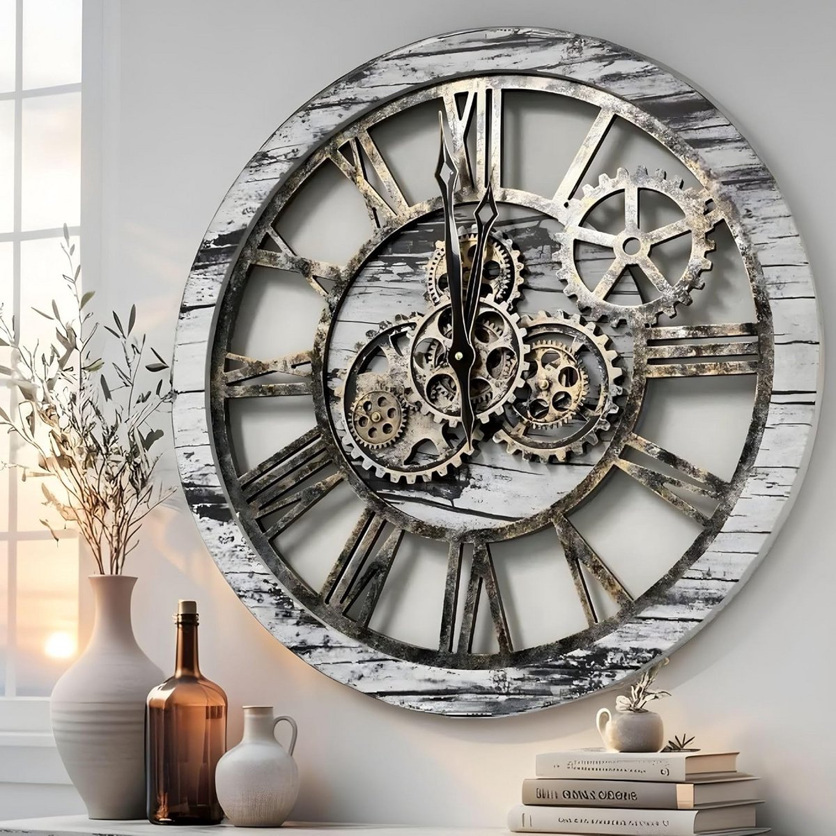 Wandklok met Werkende Tandwielen Zichtbaar Industrieel Rustieke Slaapkamer Woonkamer Decoratie 60cm