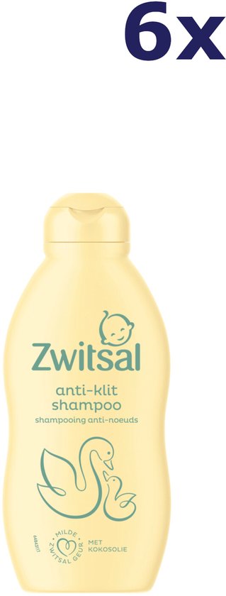 Zes flessen Zwitsal anti-klit shampoo met zwaan- en kuikenprint.