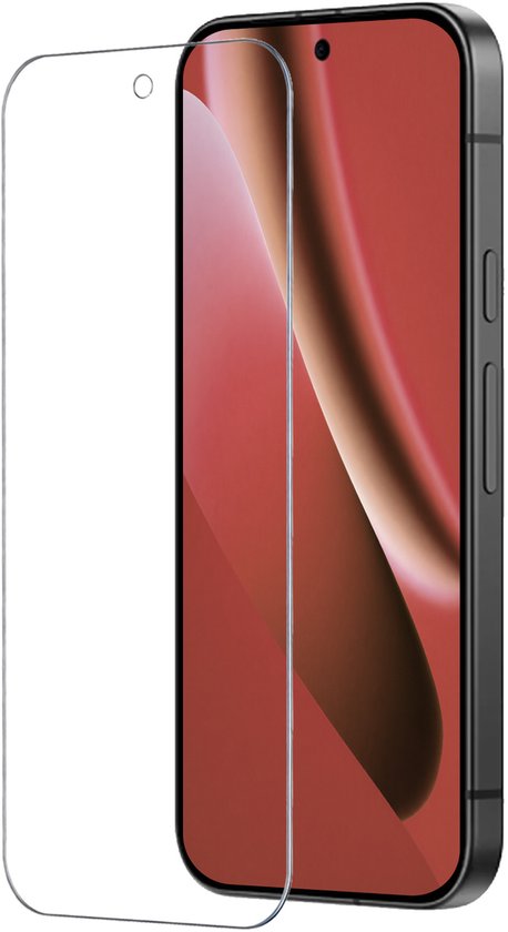 Screenprotector en smartphone met rode schermachtergrond, witte achtergrond.