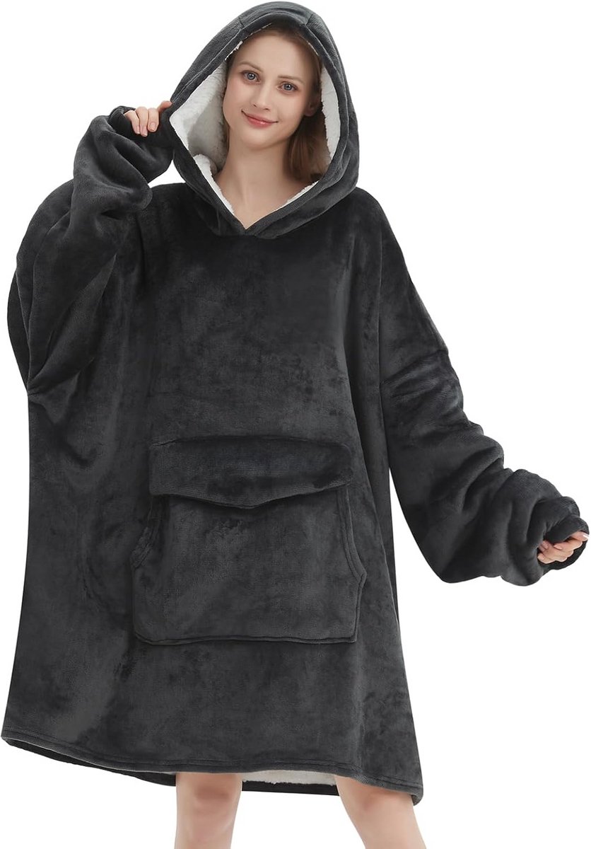 Oversized Deken Hoodie Grijs voor Volwassenen - Comfortabele Sherpa Fleece Draagbare Deken
