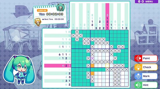 Screenshot van "Hatsune Miku Logic Paint S" met een puzzelveld, cijfers, kleuropties en Hatsune Miku.