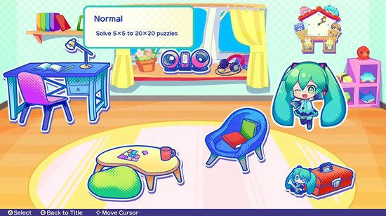 Screenshot van "Hatsune Miku Logic Paint S" met een kamerinrichting, meubels en twee Hatsune Miku figuren.