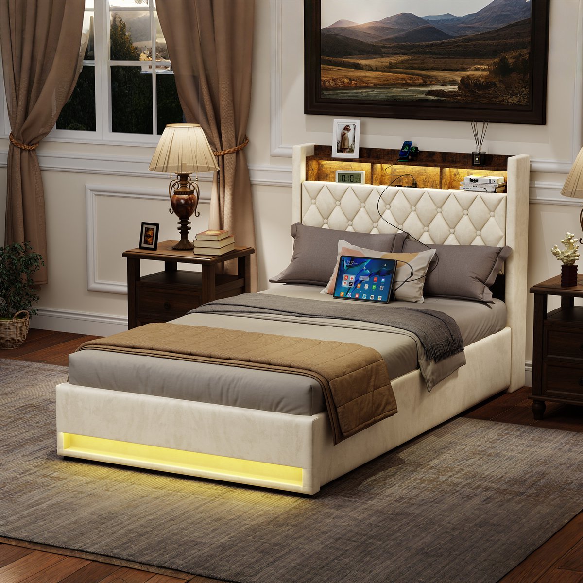 MIVRAY Gestoffeerd Bed 140×190 - Opbergruimte Met USB Poort En LED Verlichting - Fluweel Beige