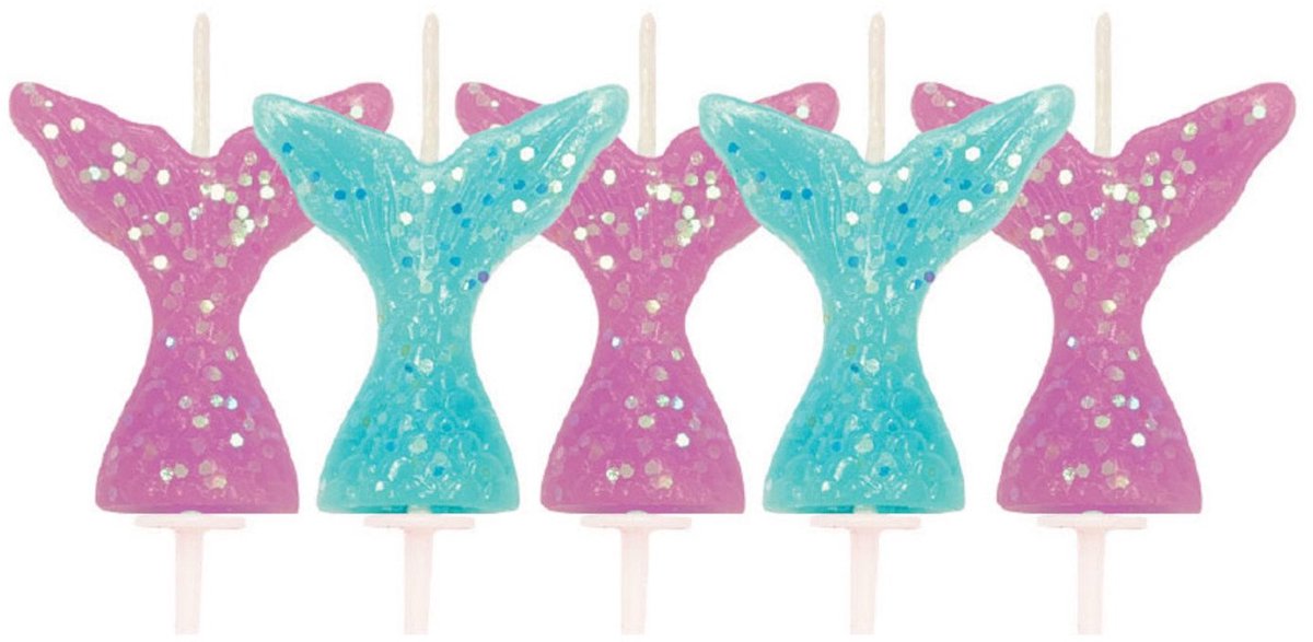 ANNIVERSARY HOUSE - 5 roze en blauwe zeemeerminstaart kaarsen met glitters 6,5 cm