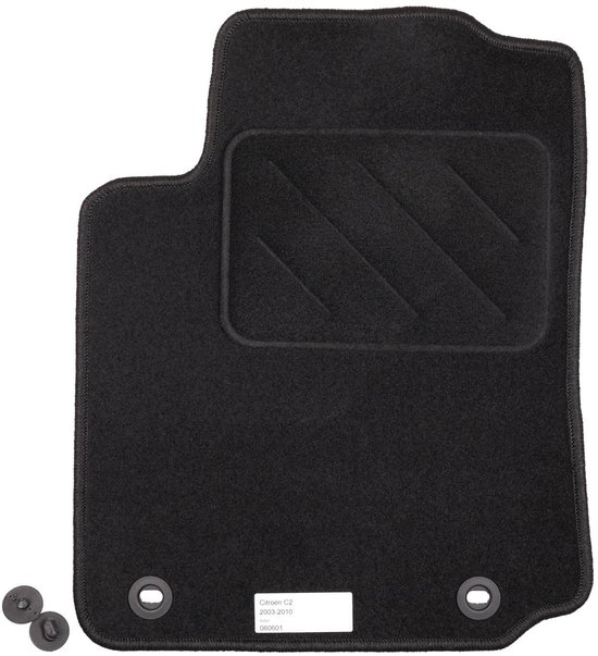 Tapis de sol noir avec talonnette renforcée, pour Citroën C2 (2003-2010).