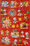 Verschillende Paw Patrol stickers met de pups en voertuigen op een rode achtergrond.