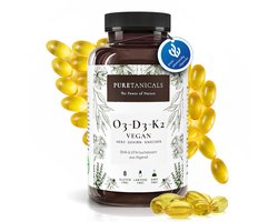 PURETANICALS Omega 3 VEGAN + Vitamine D3 + K2 MK7 All-Trans | 180 Capsules hoog gedoseerd Premium Essentials O3-D3-K2 – Algenolie met essentiële EPA- & DHA-vetzuren | Omega3 Algae Oil druppels